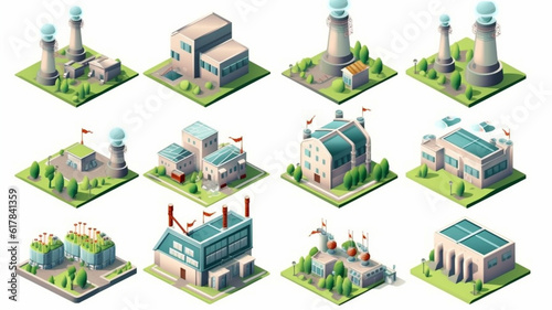 Industrial energy buildings set in isometric design. Power plants and alternative green hydro electric generation stations. Nuclear fuel reactor power. Geothermal or wind stations. Generative AI