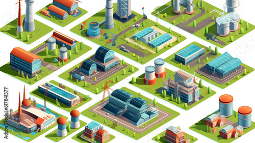 Industrial energy buildings set in isometric design. Power plants and alternative green hydro electric generation stations. Nuclear fuel reactor power. Geothermal or wind stations. Generative AI