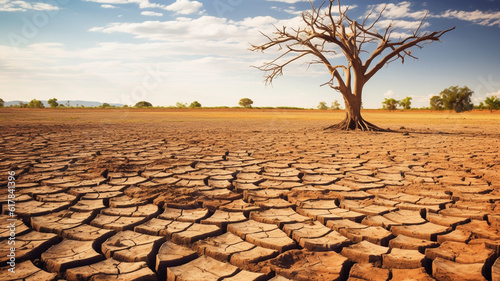 Landscape of dry cracked earth and dead tree. Generative AI