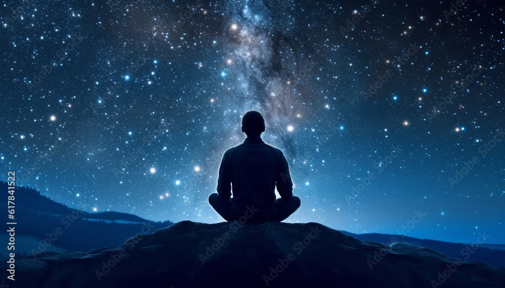 One man meditates in lotus position under starry night sky generated by AI