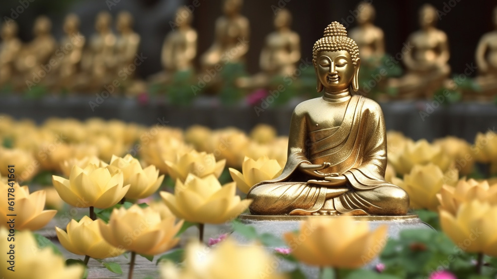 Lotus flowers and gold buddha statue. Generative AI