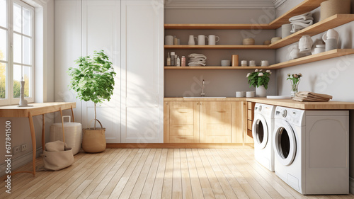 laundry room with hardwood counters and built-in washer. mockup. Generative AI