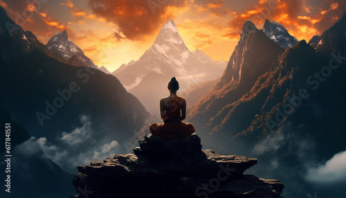 Meditating men in lotus position on mountain peak at sunset generated by AI