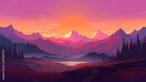 Mountain peak view landscape with sunrise soft light. Flat 2d. Generative AI © Aghavni