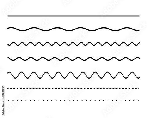 Set of lines of different shapes. Straight line, wavy line, dotted line. Types of lines illustration