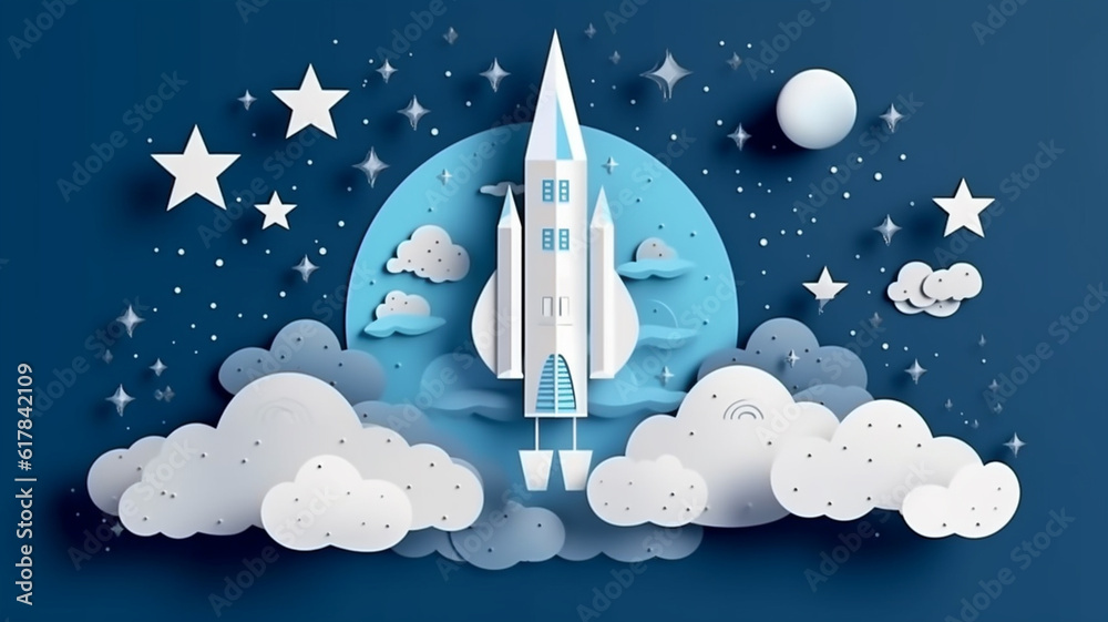 Paper cut flying space rocket in night sky, stars and clouds on blue background. Generative AI