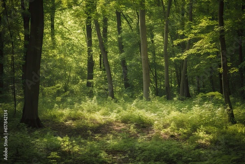 Green Forest Landscape with Sunlight, Background Wallpaper © Thares2020