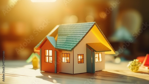 Paper house on wood plank, family and home loan financial or insurance property concept. Generative AI