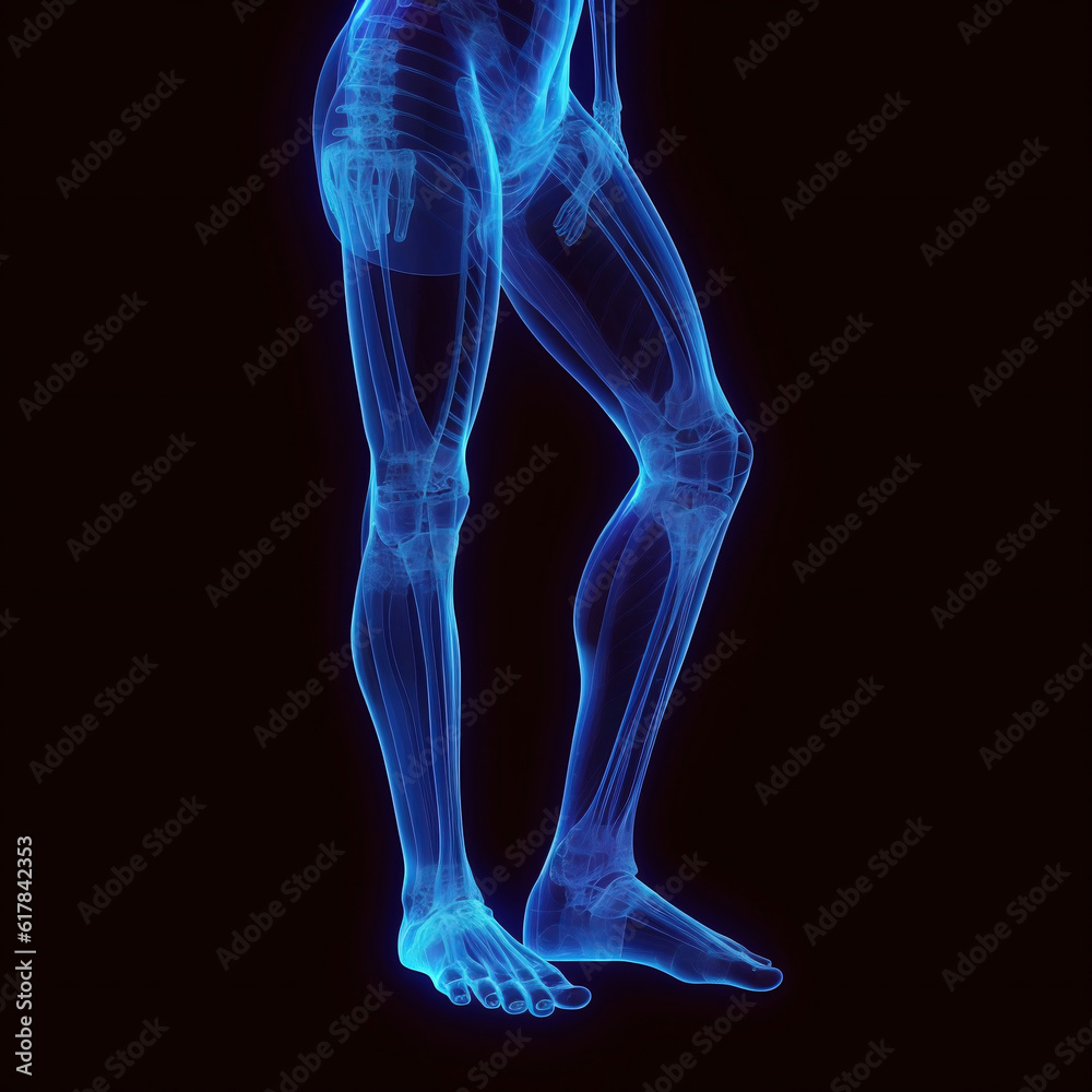 Human leg x-ray with glowing bones. 3D illustration. (Ai generated) Human leg x-ray with glowing bones. 3D illustration. (Ai generated)