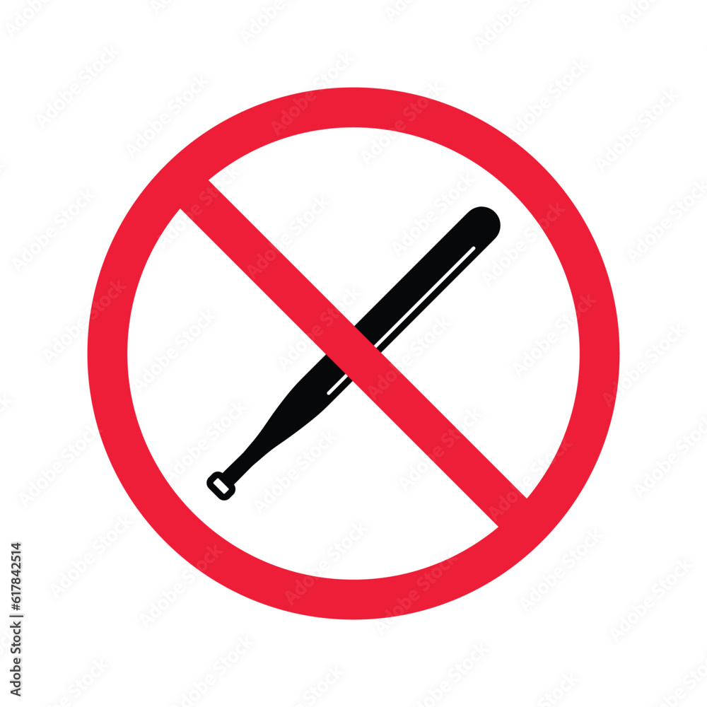 Forbidden Prohibited Warning, caution, attention, restriction label danger. Do not use Base bat icon. Baseball bat flat sign design. No Base bat symbol pictogram Forbidden Prohibited Warning, caution, attention, restriction label danger. Do not use Base bat icon. Baseball bat flat sign design. No Base bat symbol pictogram