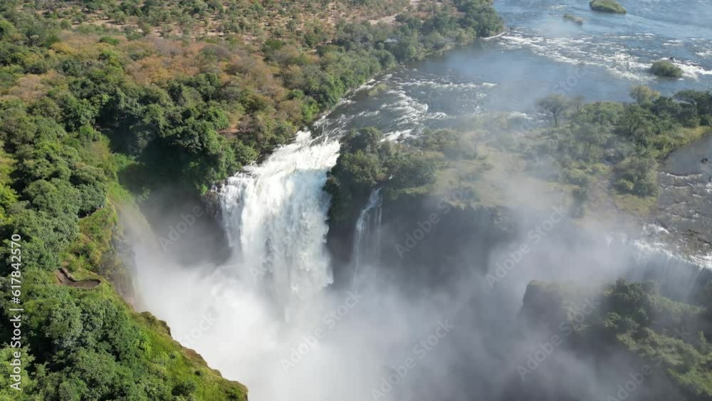 Aerial drone view of Victoria Falls and its rainbows Aerial drone view of Victoria Falls and its rainbows