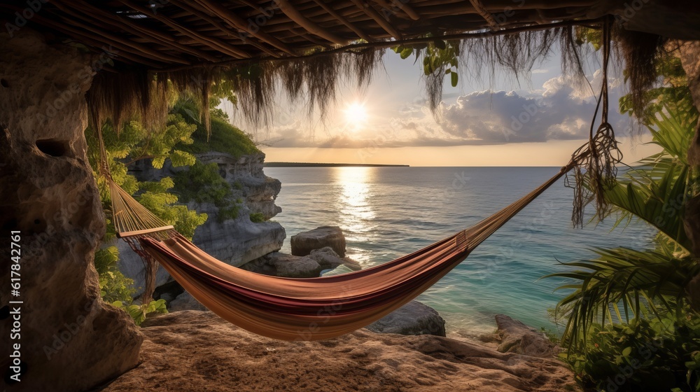 hammock between two palm trees in a rest area on the beach, responsible tourism