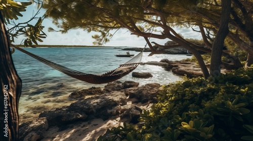 hammock on the beach suspended between two large palm trees  to enjoy nature  sunset