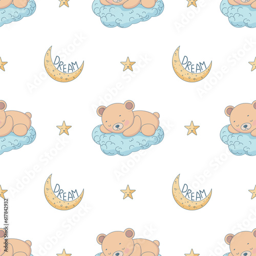 Seamless pattern teddy bear sleeps on a cloud, moon and stars. Baby Colorful Wallpaper. Great for Baby Pajamas or Bedding.