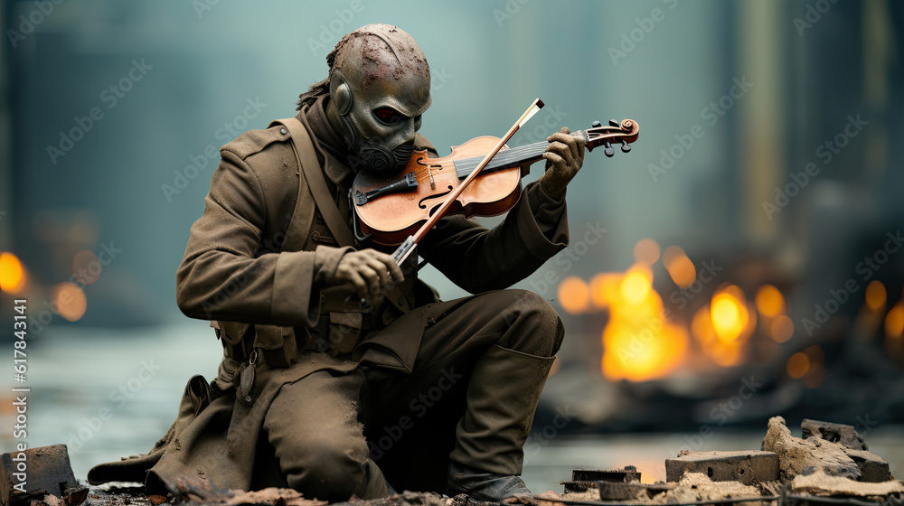 Fototapeta premium World War I soldiers wearing gas masks and playing the violin on the battlefield
