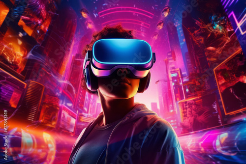 A futuristic Illustration showing a person wearing a virtual reality headset while immersed in a virtual world, demonstrating the use of Creative AI in virtual reality content creation. Generative Ai