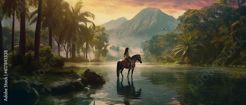 young latin woman riding a horse with the green mountains surrounding her  riding towards her happy destination