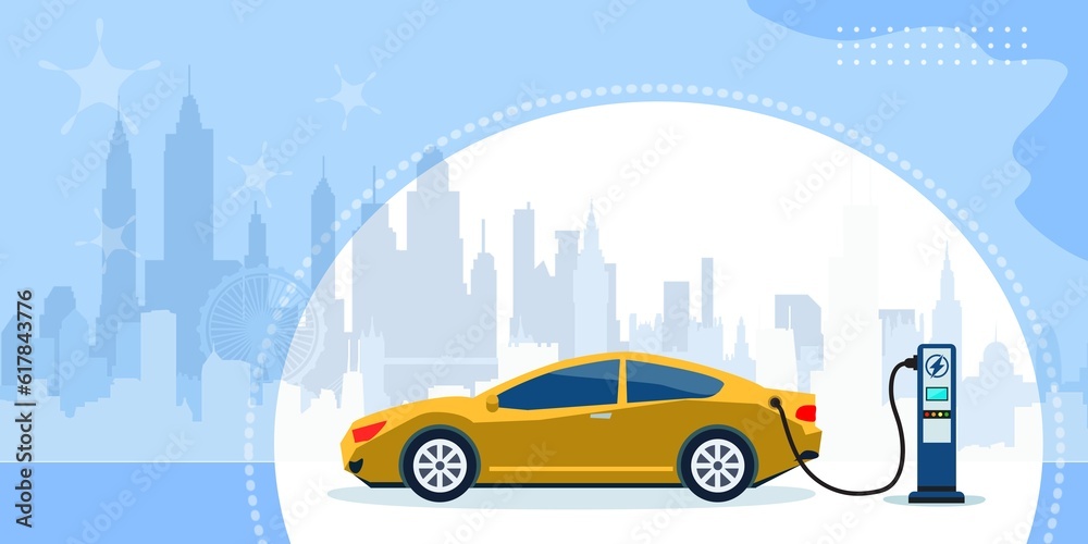 Naklejka premium proprietario dell'auto elettrica che utilizza lo smartphone per CARICARE START la stazione di ricarica in città - illustrazioni