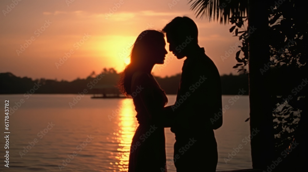 couple walking on a natural pool that ends in the sea, surrounded by beach palm trees, at sunset, silhouette couple in love