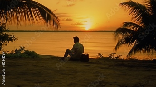lonely man resting while watching the sunset at sea, sun setting on the horizon © rodrigo
