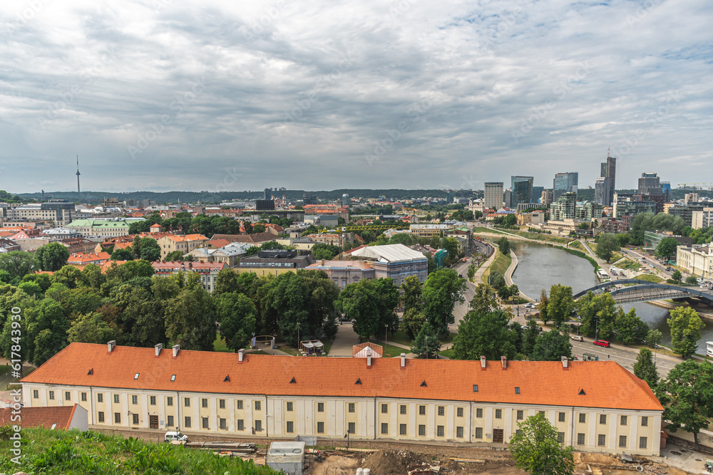 Obraz premium Vilnius, capital of Lithuania, Europe. Aerial view of the city, modern business financial district, architecture, buildings, with river and bridge, NATO summit 2023