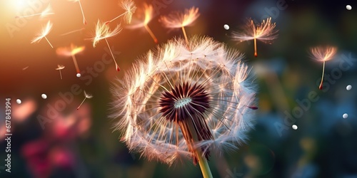 AI Generated. AI Generative. Seeded dandelion wild flower on field blowing. Nature outdoor wildflower adventure vacation landscape. Graphic Art