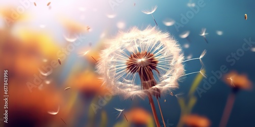AI Generated. AI Generative. Seeded dandelion wild flower on field blowing. Nature outdoor wildflower adventure vacation landscape. Graphic Art