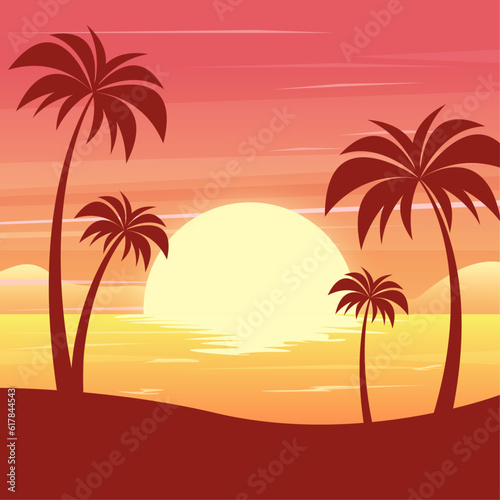 Summer background with sunset and palm trees landscape © AinStory