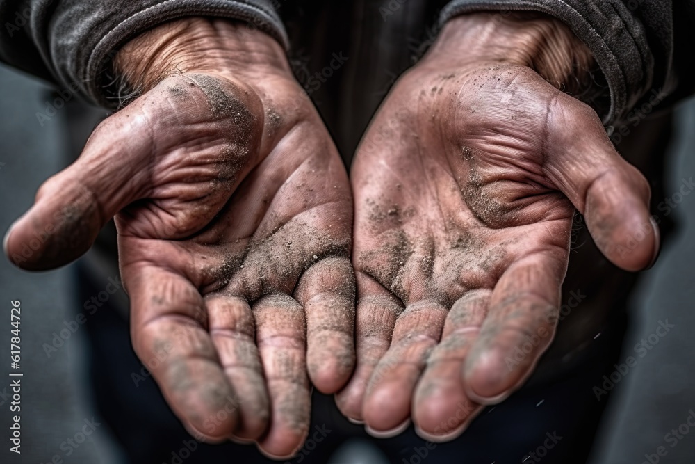 Fototapeta premium Hands of a beggar. Poor man's hands. Poverty concept. Generative Ai image