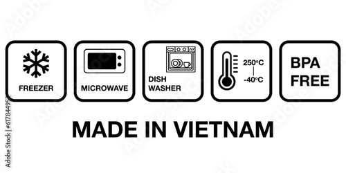 Set icons of Information label at back of ceramic plate. Specifications on porcelain. How to use ceramics properly. Product of Vietnam. Eps 10 vector illustration.