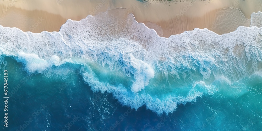 © Graphic Warrior - AI Generated. AI Generative. Top aerial drone air above view of ocean sea waves beach. Island vacation adventure surfing tropical vibe. Graphic Art