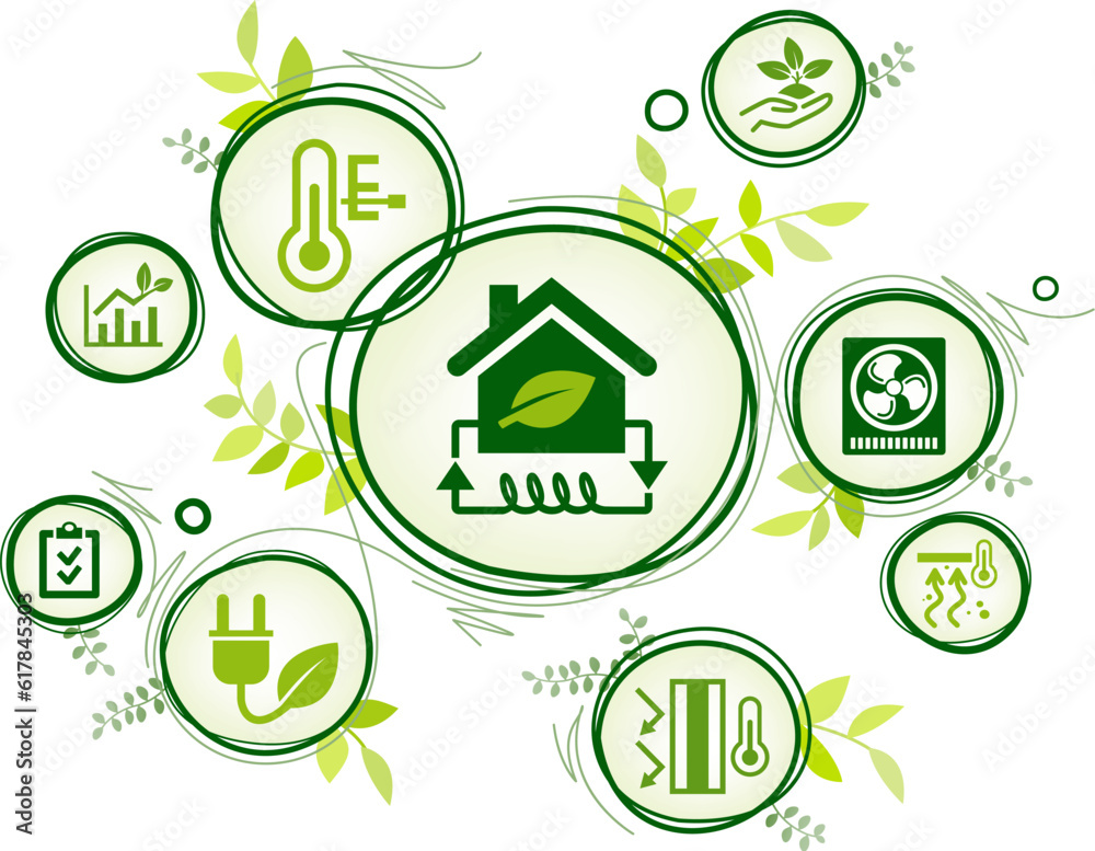 Heat pump / Wärmepumpe vector illustration. Green concept with icons related to alternative energy, eco friendly & modern domestic heating method using geothermal energy. Heat pump / Wärmepumpe vector illustration. Green concept with icons related to alternative energy, eco friendly & modern domestic heating method using geothermal energy.