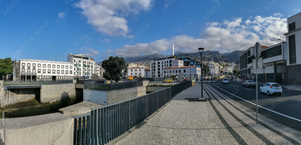 Main view at the Autonomia square on Funchal downtown, architcture and lifestyle at the city, on Madeira Island, Portugal