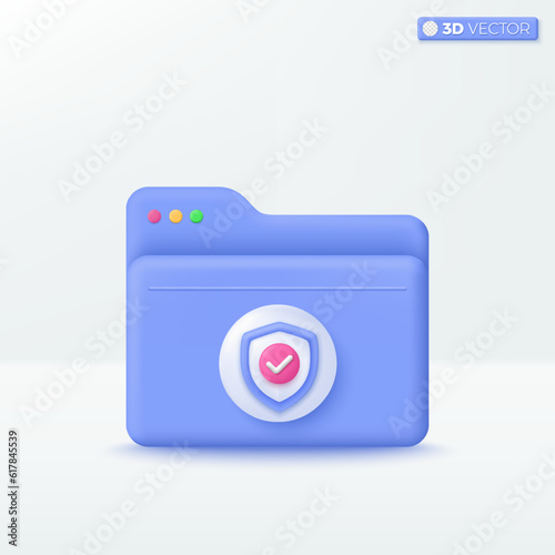 Folder with Shield icon symbol. Cyber Security, protecttion, guarantee, Comfortable searching, Stored data, File management concept. 3D vector isolated illustration, Cartoon pastel Minimal style. photo