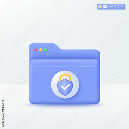 Folder with Lock icon symbol. Cyber Security, protecttion, guarantee, Comfortable searching, Stored data, File management concept. 3D vector isolated illustration, Cartoon pastel Minimal style. photo