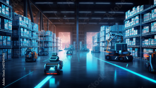Fotografie, Obraz Smart warehouse with transporter robots and holographic dashboard