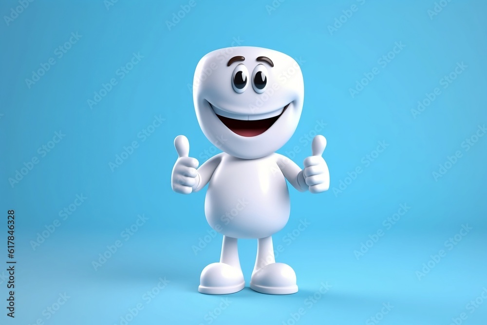 Happy cartoon character looking like a tooth showing thumbs up on a blue background. Children's dentistry. Generative AI. Happy cartoon character looking like a tooth showing thumbs up on a blue background. Children's dentistry. Generative AI.