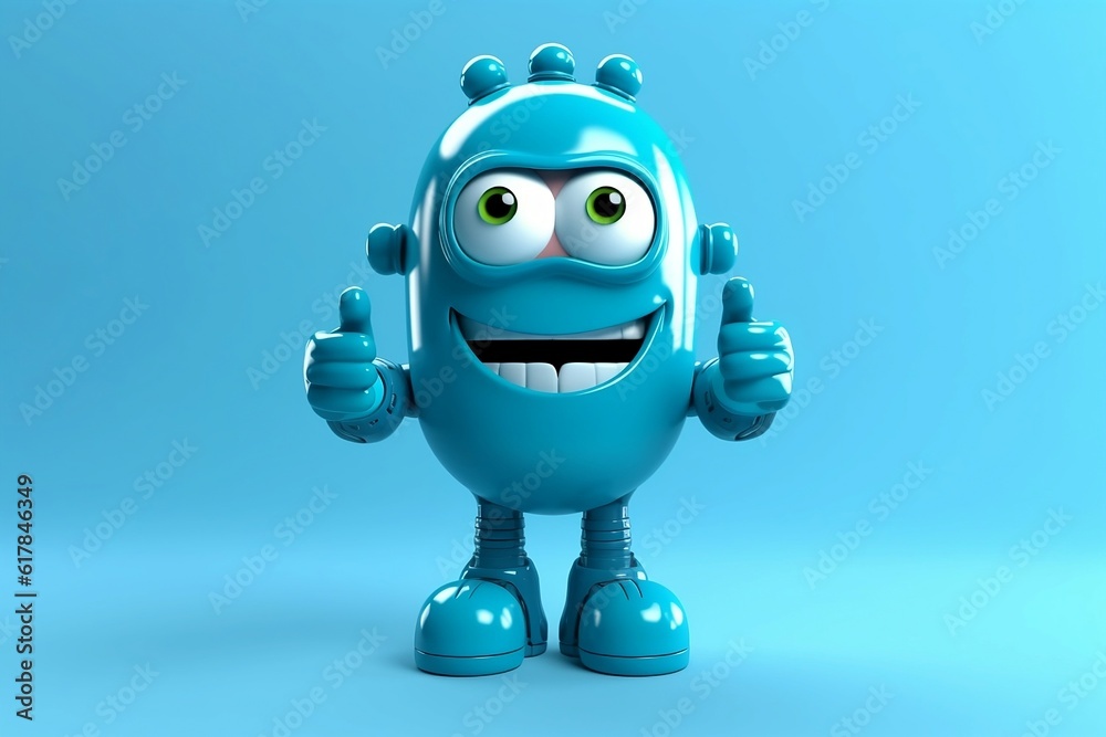 Happy robot cartoon character showing thumbs up on a blue background. Childish mascot. Generative AI. Happy robot cartoon character showing thumbs up on a blue background. Childish mascot. Generative AI.