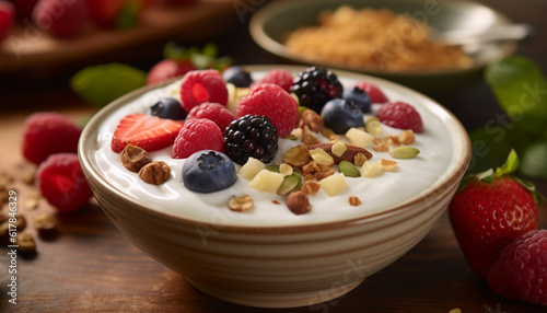 Organic berry bowl with Greek yogurt  granola  and fresh fruit generated by AI