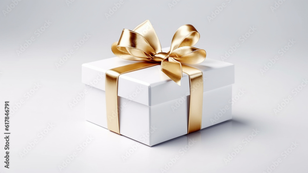 White gift, White and Gold gift box, golden ribbon, luxury gift, beautiful gift. Generative AI White gift, White and Gold gift box, golden ribbon, luxury gift, beautiful gift. Generative AI