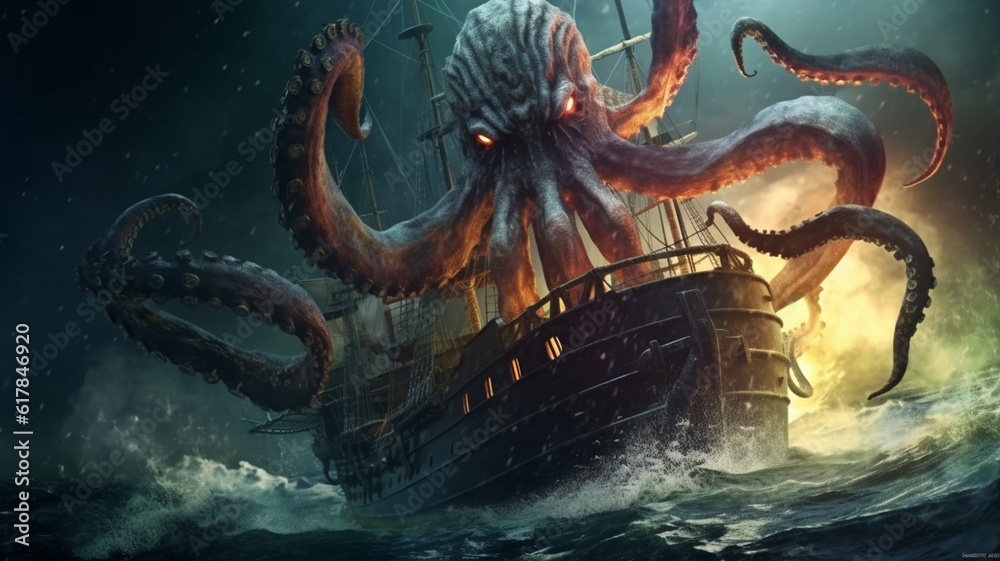 Fototapeta premium A giant octopus kraken monster attacking a pirate ship in the dark ocean. Generative AI
