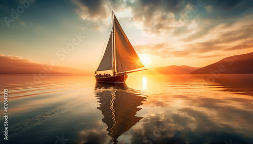 Sailboat sailing on tranquil seascape at sunset, a nautical adventure generated by AI