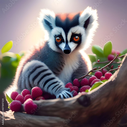 Wild ring tailed small female lemur keepeng the red berry fruits, Generative AI illustration.