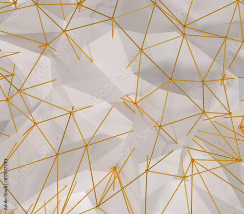 Abstract 3d white and gold geometrical background. Geometric low poly shape and white background.