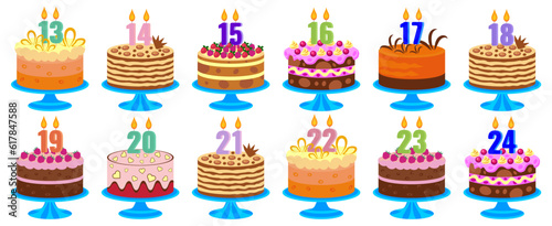  Birthday cakes set with candles  photo