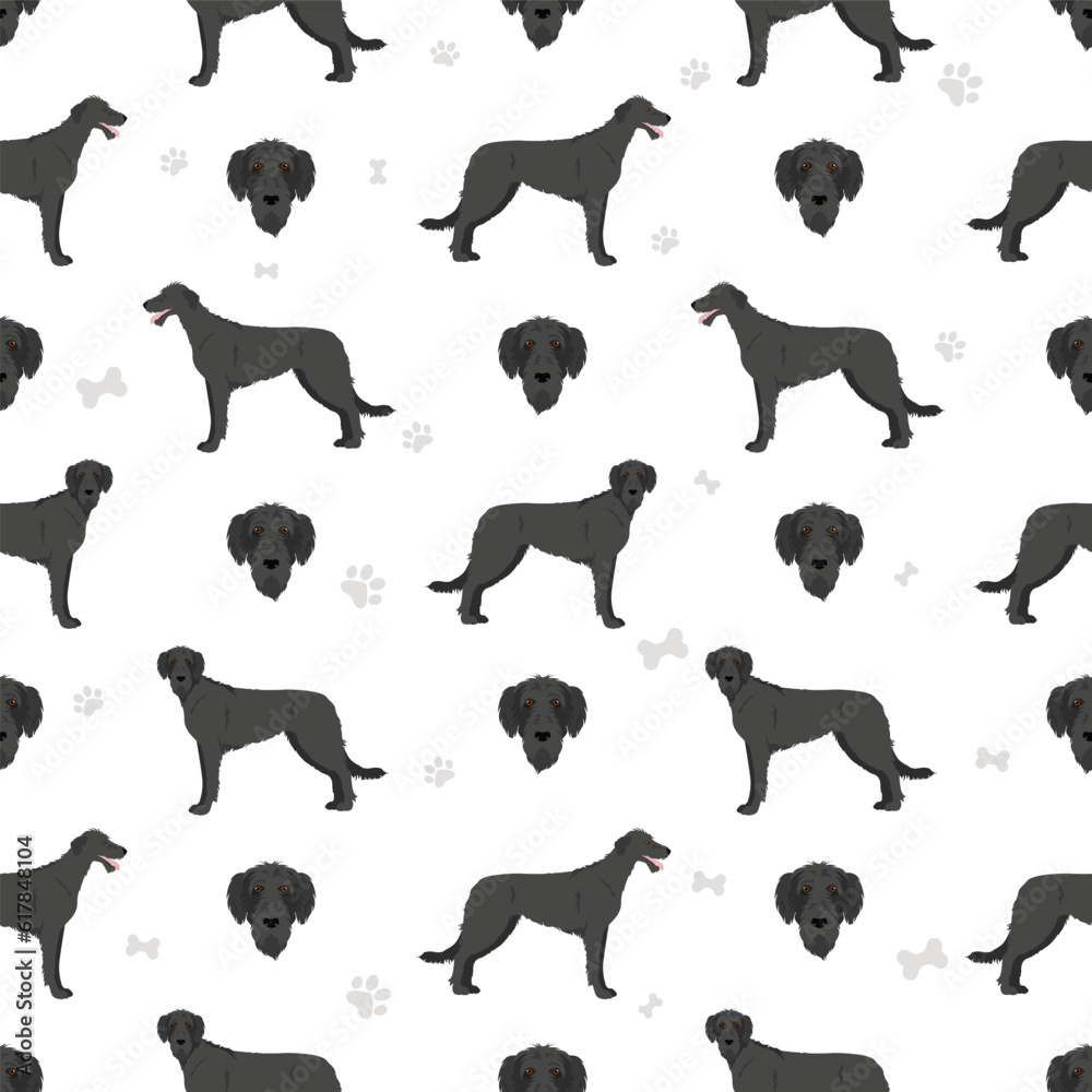 Irish wolfhound seamless pattern. Different poses, coat colors set