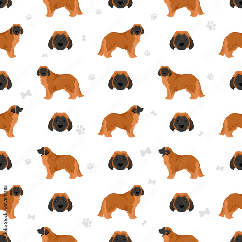 Leonberger seamless pattern. Different poses, coat colors set