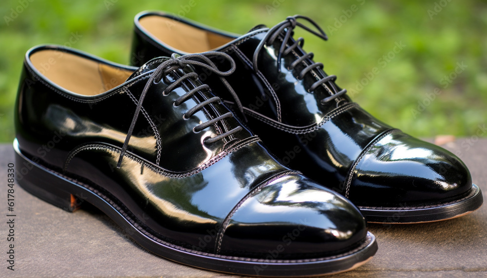 Naklejka premium Modern elegance: black leather dress shoe with undone shoelace generated by AI