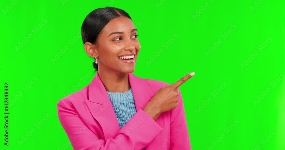 Green Screen, woman and portrait of pointing to choice, option or professional decision in corporate, business or startup. Indian, businesswoman and person to show an opinion, offer or opportunity Green Screen, woman and portrait of pointing to choice, option or professional decision in corporate, business or startup. Indian, businesswoman and person to show an opinion, offer or opportunity
