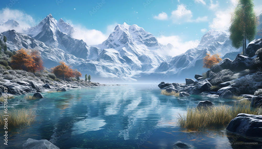 Majestic mountain range reflects tranquil scene of beauty in nature generated by AI